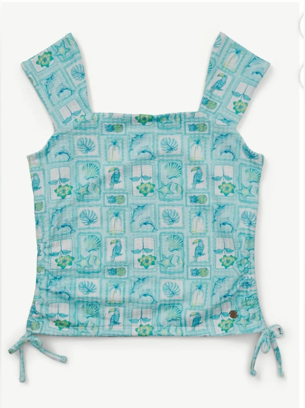 NWT Justice Girls XL 16/18 Teal Tropical Cinch Side Square Neck Top